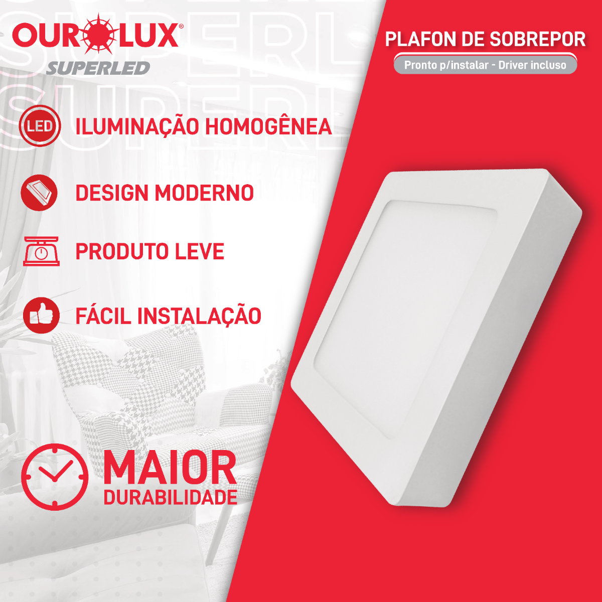 PLAFON DE SOBREPOR COM PAINEL EM LED 18W 6500K - OUROLUX