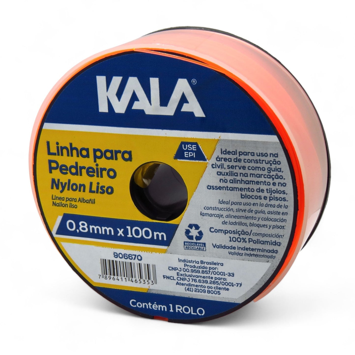 LINHA DE PEDREIRO NYLON LISA 0,8mm x 100m LARANJA - KALA