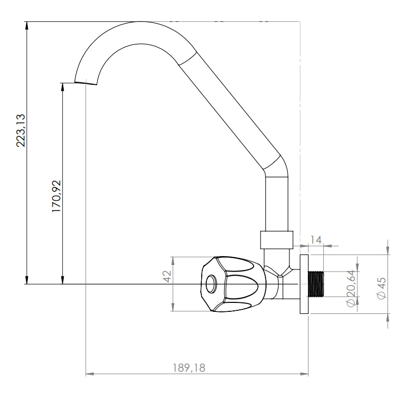 TORNEIRA DE COZINHA DE BICA MÓVEL P/ PAREDE C-50 - PEVILON